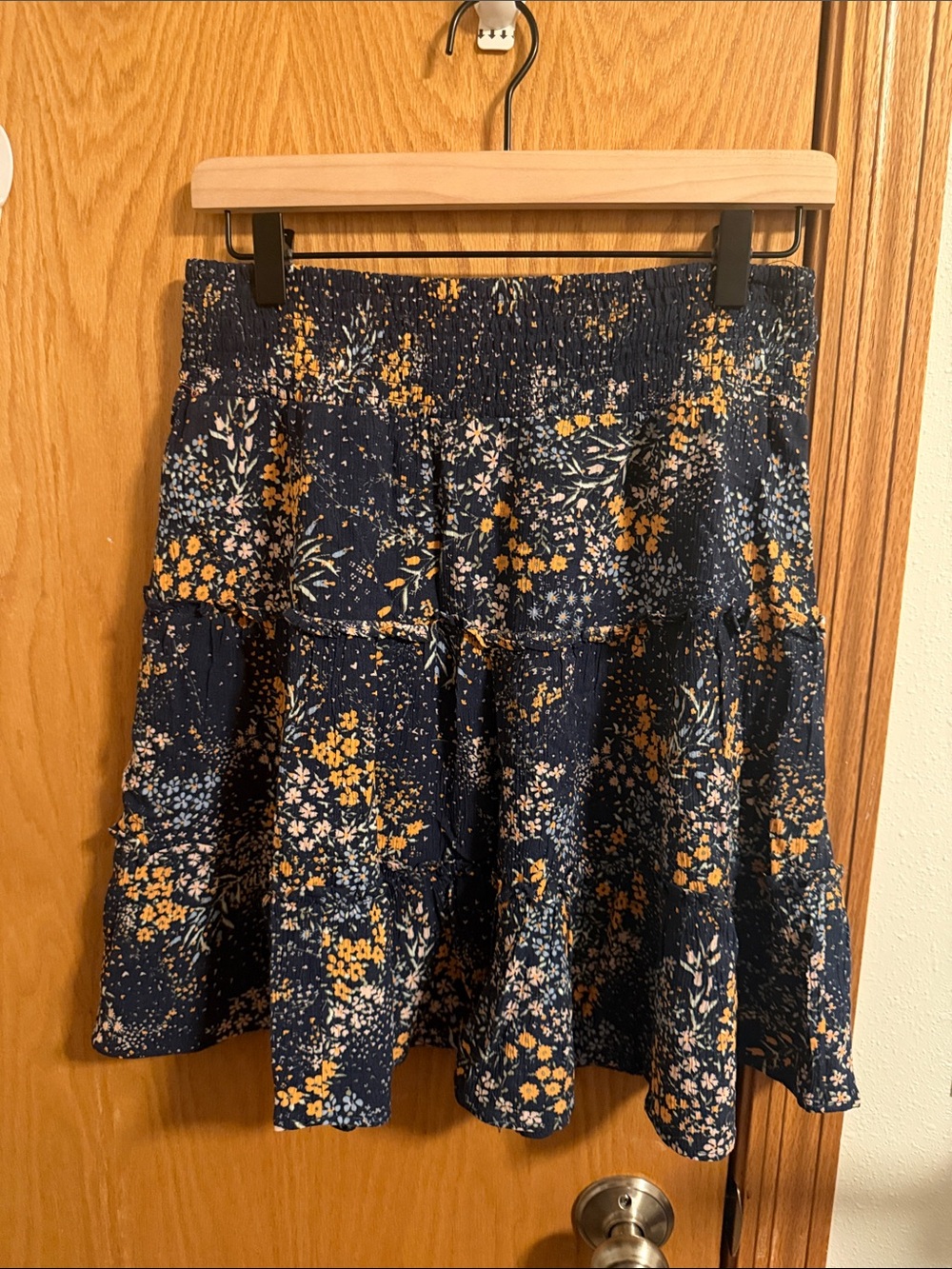 Market & Spruce Navy Floral Tiered Skirt with Mustard and Light Blue